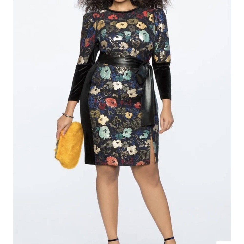 Eloquii Velvet Black Floral Shimmer Long Puff Sleeve‎ Women's Dress Size 16